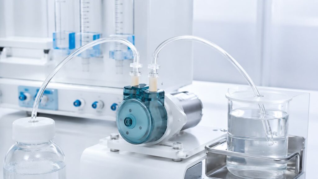 Compact pump used in medical and laboratory cleaning equipment