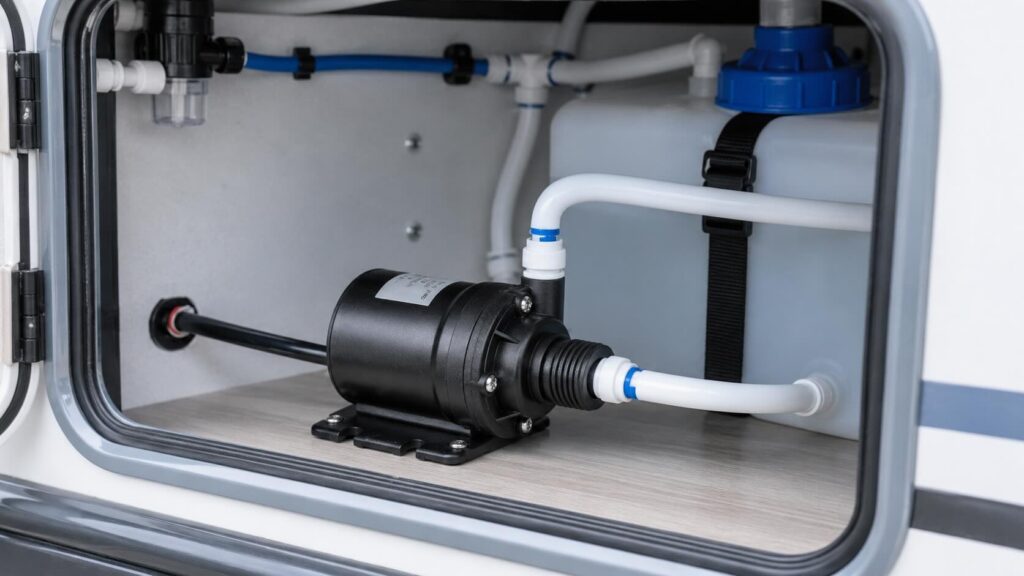 Compact DC pump for RV and off-grid mobile water supply system