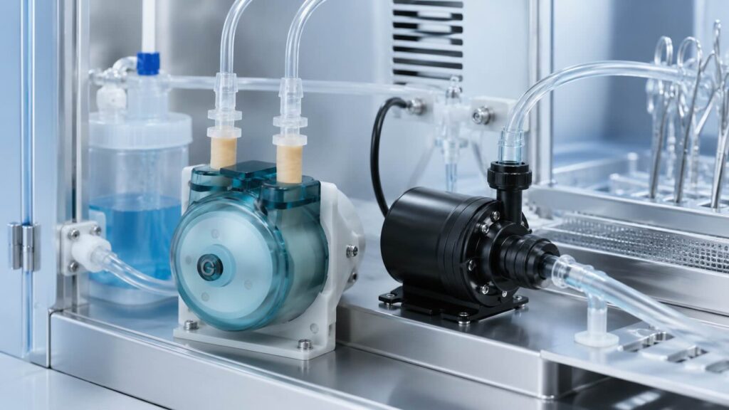 Pump applications in medical cleaning equipment for rinsing and liquid transfer