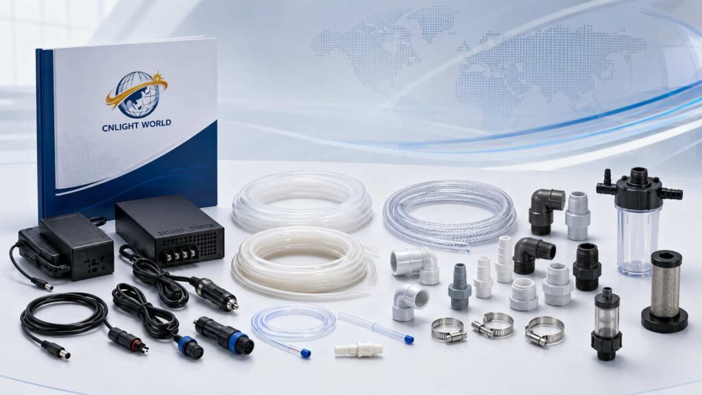 DC pump accessories including power supplies tubing fittings connectors and filters