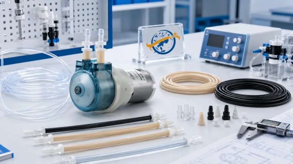 Precision peristaltic pump tubing selection guide showing different tube materials and pump components